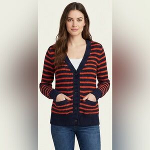 Tommy Hilfiger Navy Red Striped Heavy Knit Cardigan Sweater Women's XS Pockets